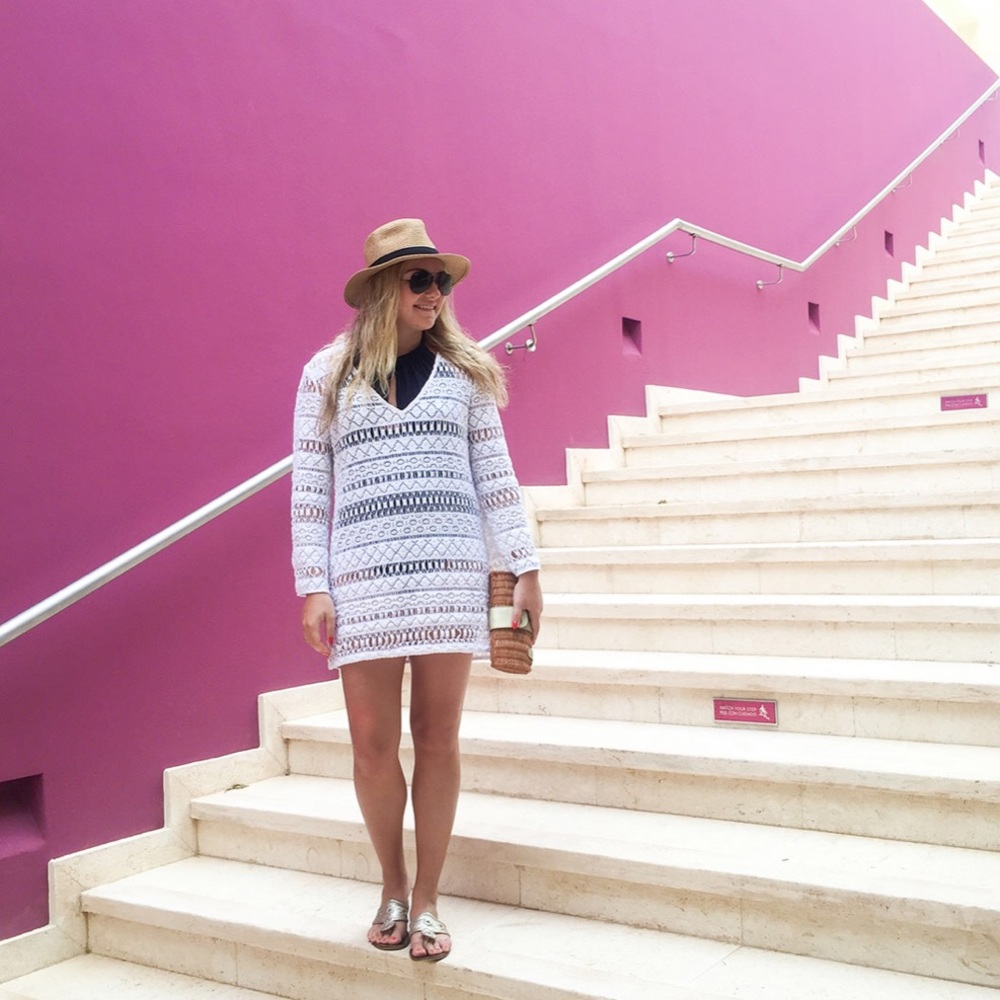 Milly White Crochet Swim Coverup with Navy Underlay